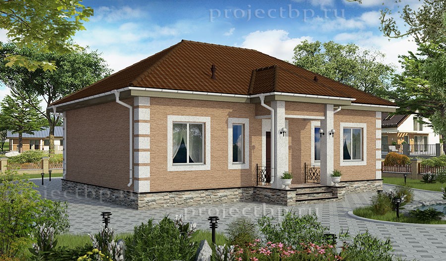 Проект одноэтажного дома с террасой и облицовкой штукатуркой Короед B-88