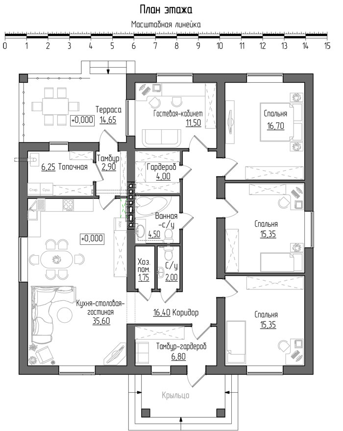 План этажа с четырьмя спальнями